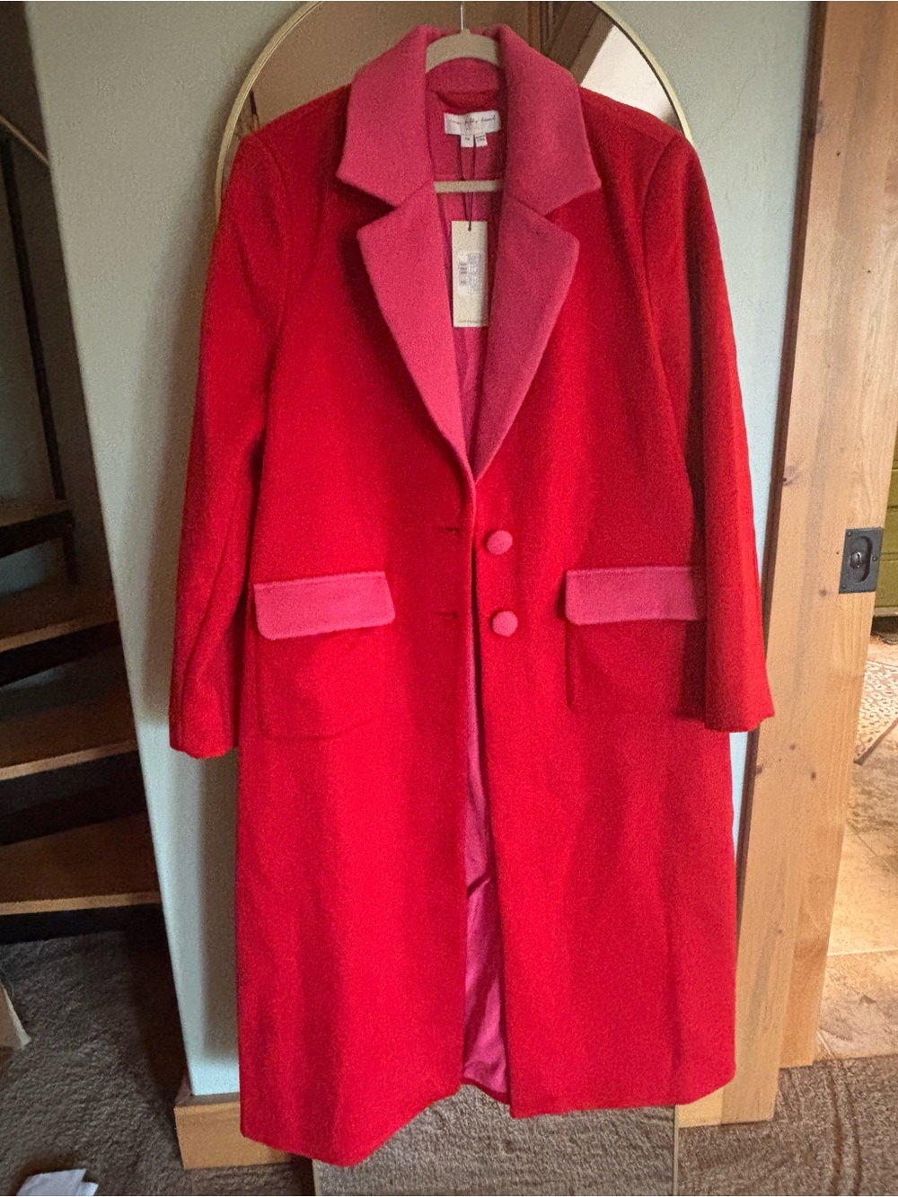 Never Fully Dressed Red Wool Pea Coat with Pink Trim